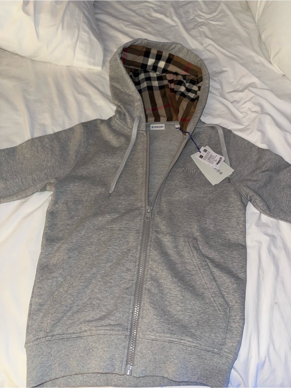 Burberry Gray Zip-Up Hoodie with Signature Check Hood Lining